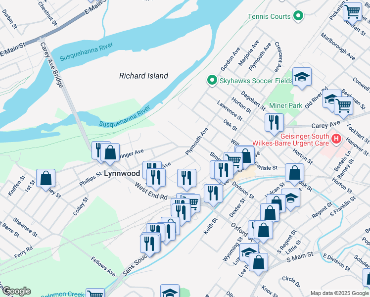 map of restaurants, bars, coffee shops, grocery stores, and more near 4 Lyndwood Avenue in Wilkes-Barre