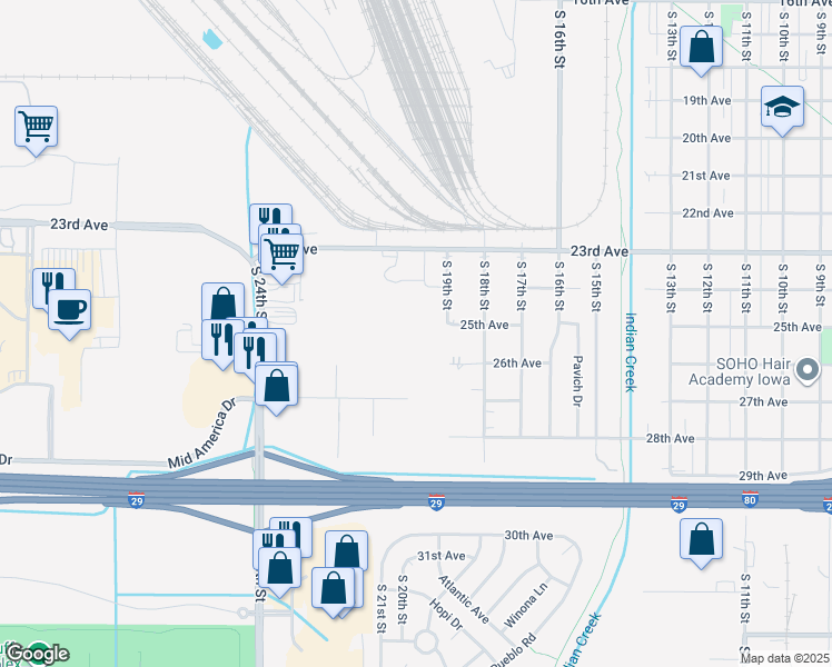 map of restaurants, bars, coffee shops, grocery stores, and more near 1816 26th Avenue in Council Bluffs