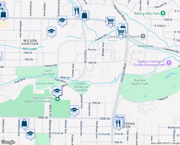 map of restaurants, bars, coffee shops, grocery stores, and more near 1681 1055 East in Ogden