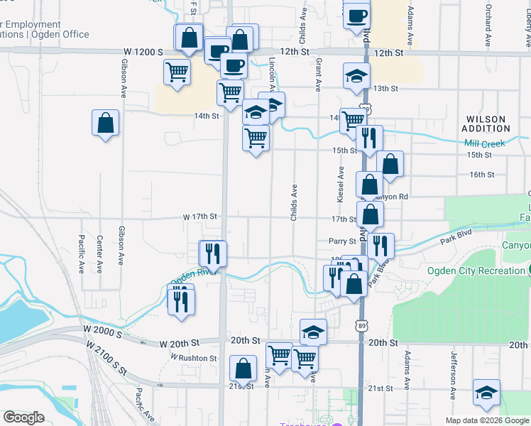 map of restaurants, bars, coffee shops, grocery stores, and more near 178 17th Street in Ogden