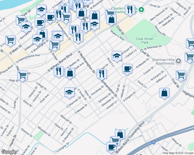 map of restaurants, bars, coffee shops, grocery stores, and more near 341 East Northampton Street in Wilkes-Barre