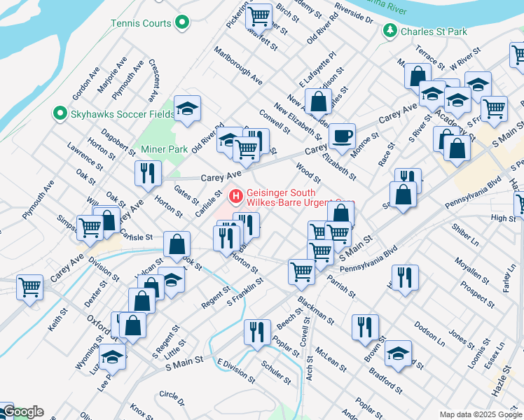 map of restaurants, bars, coffee shops, grocery stores, and more near 44 Rowland Street in Wilkes-Barre