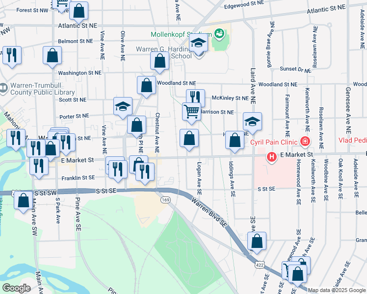 map of restaurants, bars, coffee shops, grocery stores, and more near 913 East Market Street in Warren