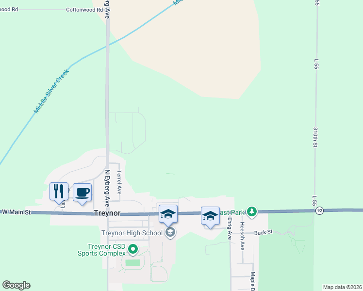 map of restaurants, bars, coffee shops, grocery stores, and more near 109 Firethorn Drive in Treynor