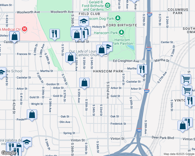 map of restaurants, bars, coffee shops, grocery stores, and more near 2337 South 34th Street in Omaha
