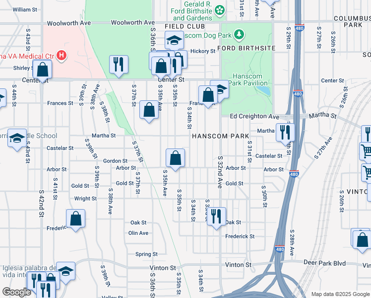 map of restaurants, bars, coffee shops, grocery stores, and more near 2337 South 35th Street in Omaha