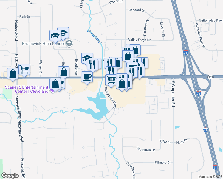 map of restaurants, bars, coffee shops, grocery stores, and more near 3440 Center Road in Brunswick