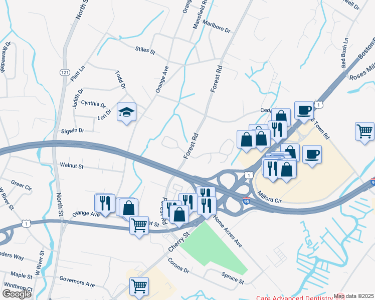 map of restaurants, bars, coffee shops, grocery stores, and more near 150 Forest Road in Milford
