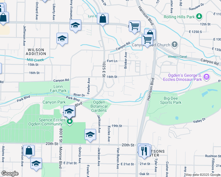 map of restaurants, bars, coffee shops, grocery stores, and more near 1027 Sara Lane in Ogden
