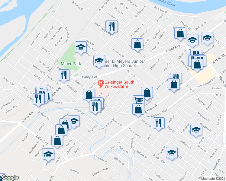 map of restaurants, bars, coffee shops, grocery stores, and more near 156 Hanover Street in Wilkes-Barre