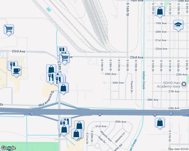 map of restaurants, bars, coffee shops, grocery stores, and more near 2430 South 19th Street in Council Bluffs