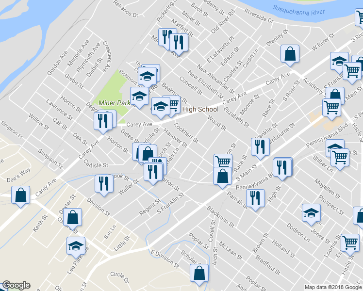 map of restaurants, bars, coffee shops, grocery stores, and more near 152 Hanover Street in Wilkes-Barre