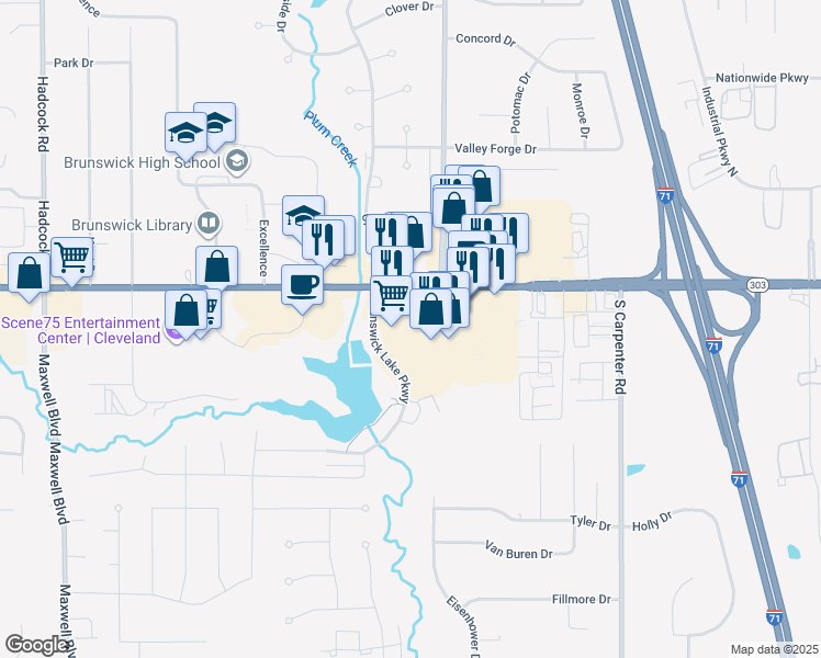 map of restaurants, bars, coffee shops, grocery stores, and more near 3440 Center Road in Brunswick