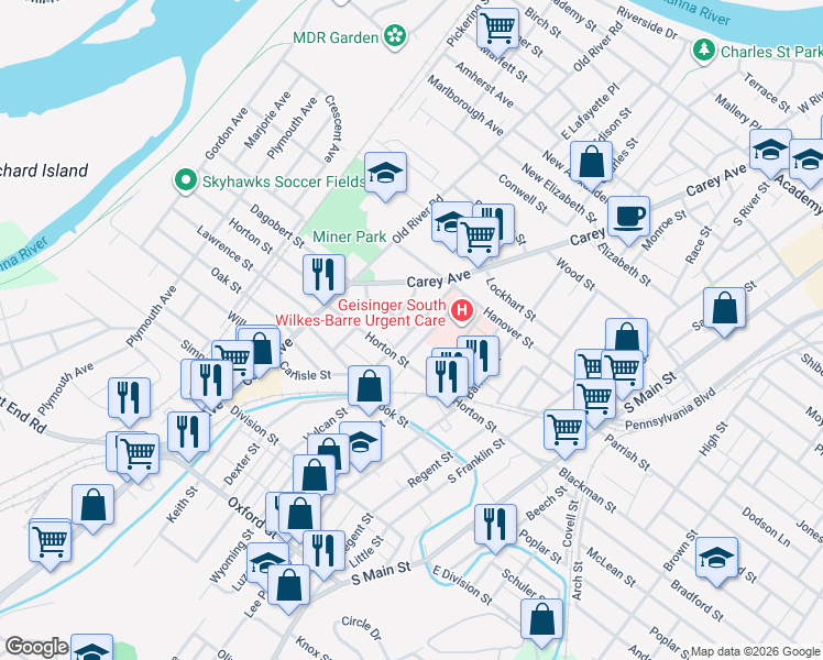 map of restaurants, bars, coffee shops, grocery stores, and more near 62 Carlisle Street in Wilkes-Barre