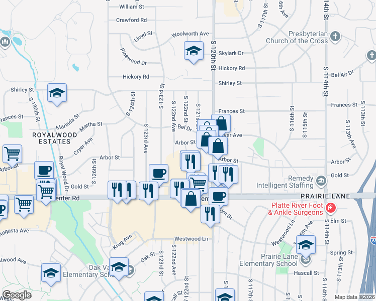 map of restaurants, bars, coffee shops, grocery stores, and more near 12220 West Center Road in Omaha