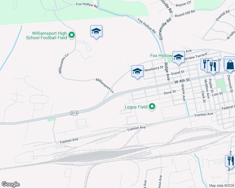 map of restaurants, bars, coffee shops, grocery stores, and more near 2990 West 4th Street in Williamsport