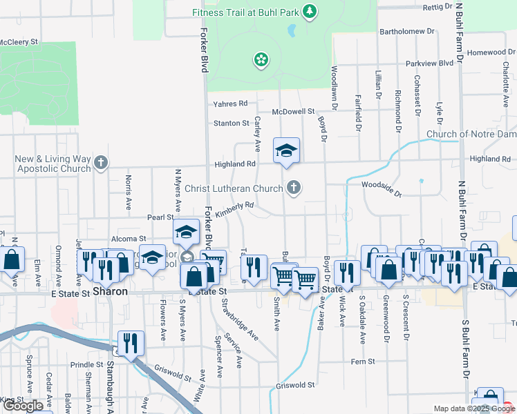 map of restaurants, bars, coffee shops, grocery stores, and more near 1340 Kimberly Road in Sharon