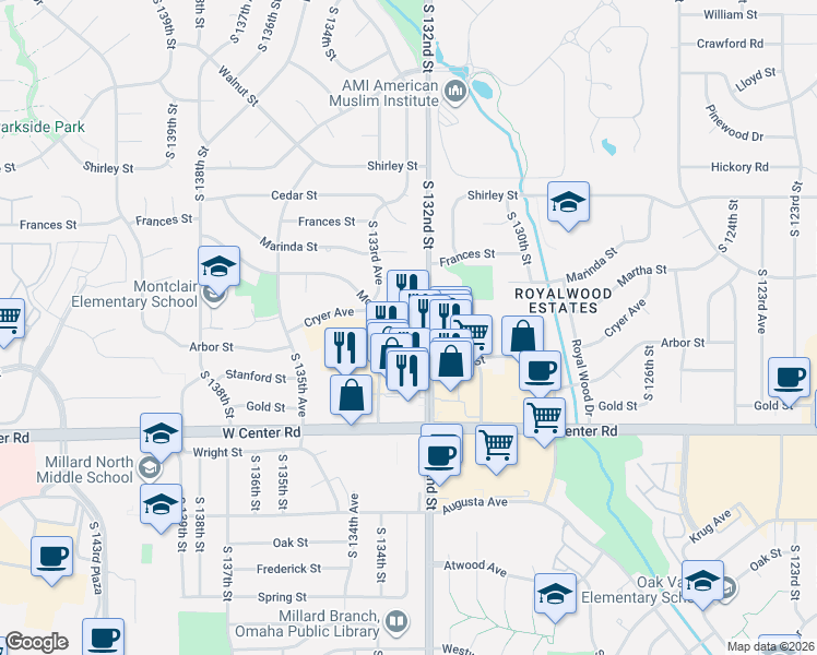 map of restaurants, bars, coffee shops, grocery stores, and more near 2414 South 132nd Street in Omaha