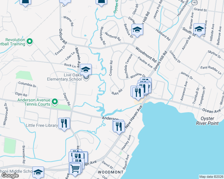 map of restaurants, bars, coffee shops, grocery stores, and more near 77 Ruby Road in West Haven