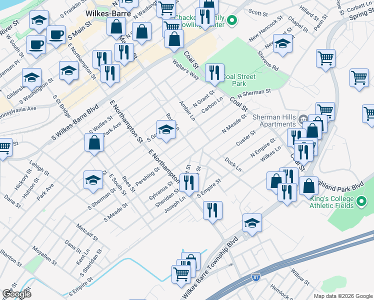 map of restaurants, bars, coffee shops, grocery stores, and more near 32-56 South Meade Street in Wilkes-Barre