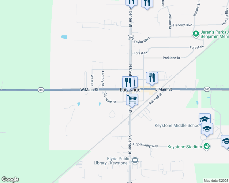map of restaurants, bars, coffee shops, grocery stores, and more near 275 Glendale Street in LaGrange
