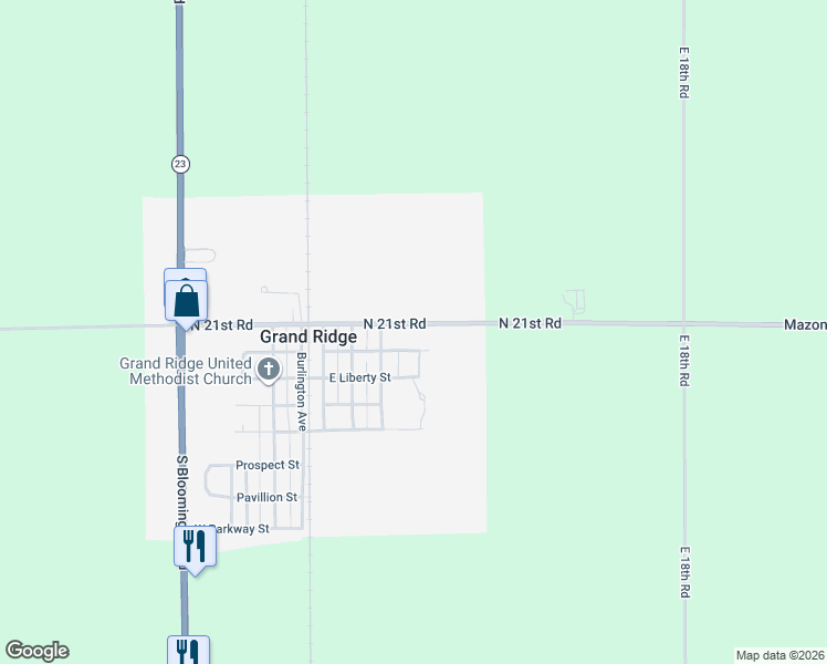 map of restaurants, bars, coffee shops, grocery stores, and more near 390 East Penn Street in Grand Ridge