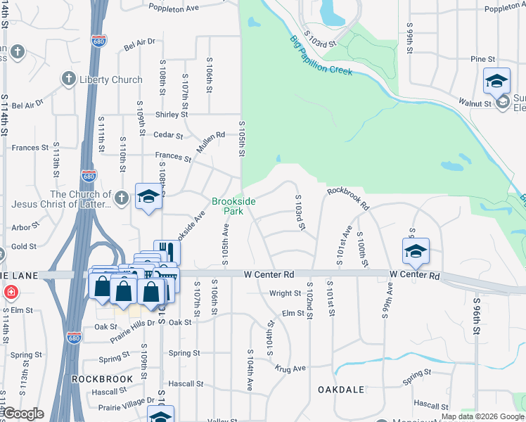 map of restaurants, bars, coffee shops, grocery stores, and more near 10403 Pinehurst Avenue in Omaha
