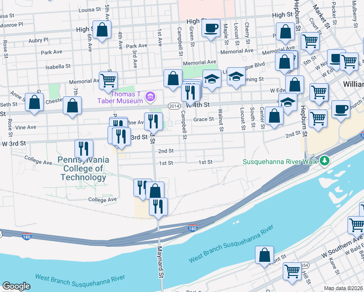 map of restaurants, bars, coffee shops, grocery stores, and more near 813 2nd Street in Williamsport