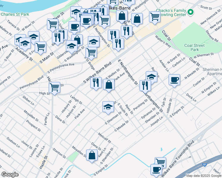 map of restaurants, bars, coffee shops, grocery stores, and more near 269 East South Street in Wilkes-Barre Township