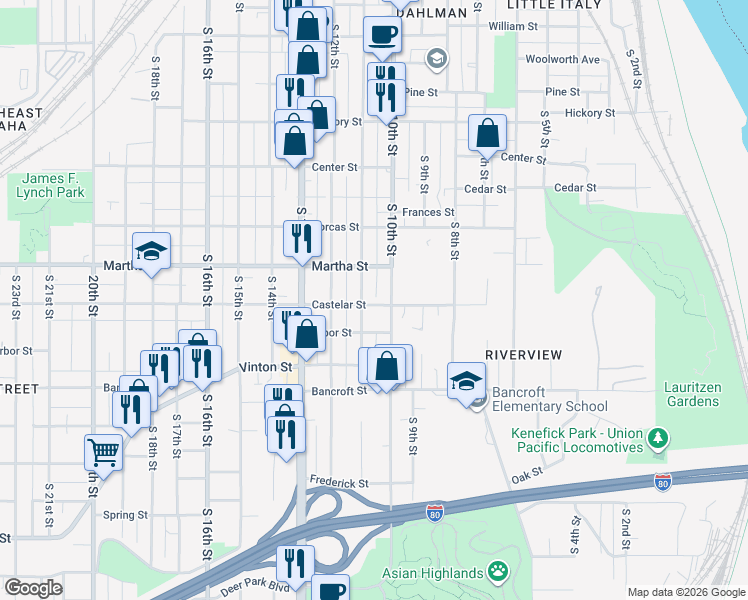 map of restaurants, bars, coffee shops, grocery stores, and more near 2410 South 10th Street in Omaha