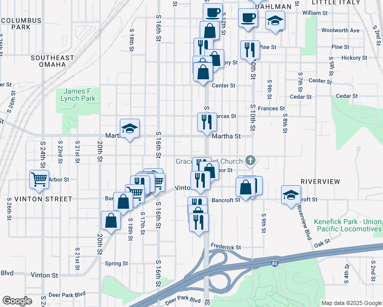 map of restaurants, bars, coffee shops, grocery stores, and more near 2408 South 13th Street in Omaha