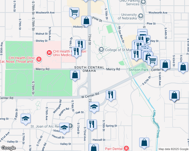 map of restaurants, bars, coffee shops, grocery stores, and more near 7171 Mercy Road in Omaha