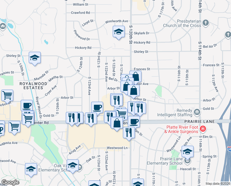 map of restaurants, bars, coffee shops, grocery stores, and more near 12220 West Center Road in Omaha