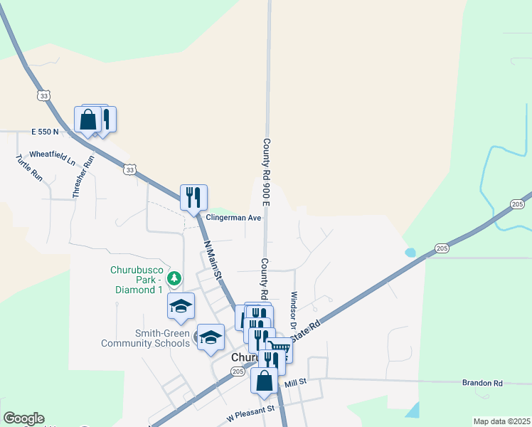 map of restaurants, bars, coffee shops, grocery stores, and more near 5001 County Road 900 East in Churubusco