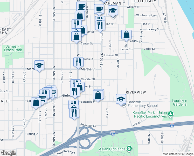 map of restaurants, bars, coffee shops, grocery stores, and more near 2410 South 10th Street in Omaha