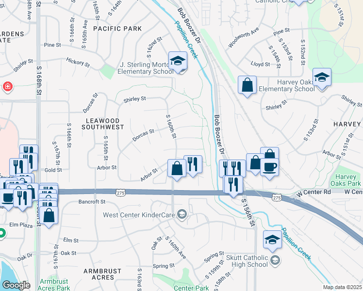 map of restaurants, bars, coffee shops, grocery stores, and more near 2312 South 160th Street in Omaha