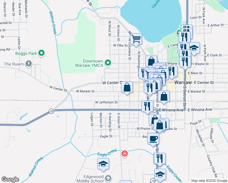 map of restaurants, bars, coffee shops, grocery stores, and more near West Market Street in Warsaw