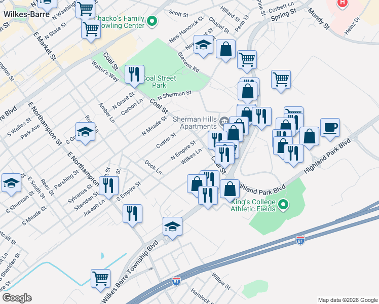 map of restaurants, bars, coffee shops, grocery stores, and more near 375 Coal St in Wilkes-Barre
