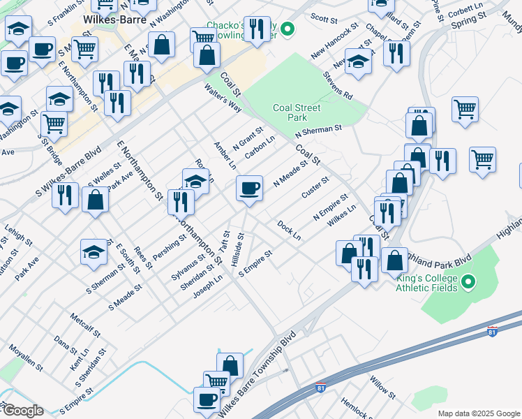 map of restaurants, bars, coffee shops, grocery stores, and more near 16 Logan Street in Wilkes-Barre