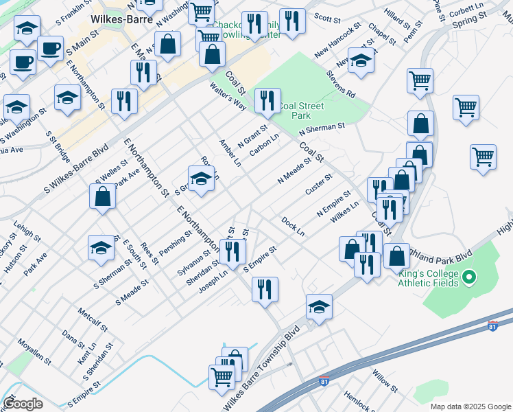 map of restaurants, bars, coffee shops, grocery stores, and more near 3 North Meade Street in Wilkes-Barre
