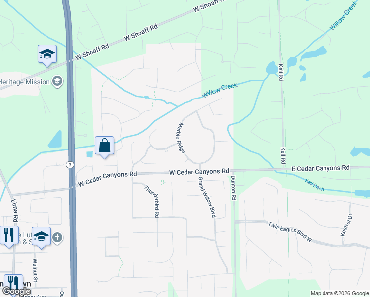 map of restaurants, bars, coffee shops, grocery stores, and more near 16415 Galena Court in Fort Wayne