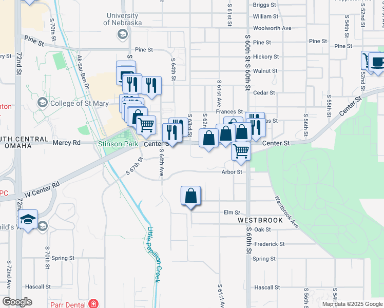 map of restaurants, bars, coffee shops, grocery stores, and more near 2313 South 63rd Street in Omaha