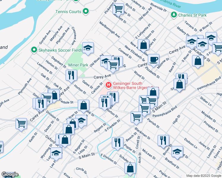 map of restaurants, bars, coffee shops, grocery stores, and more near in Wilkes-Barre