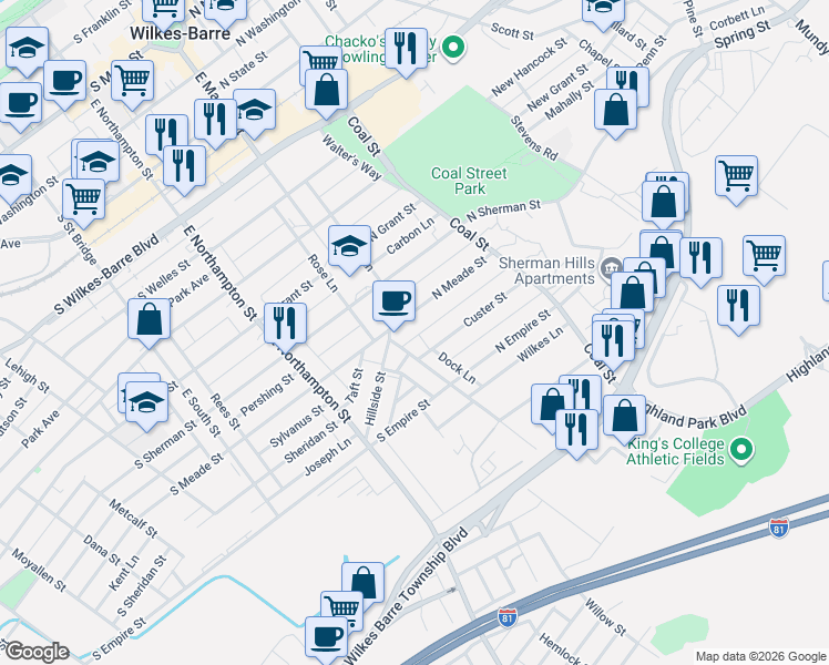 map of restaurants, bars, coffee shops, grocery stores, and more near 19 Custer Street in Wilkes-Barre