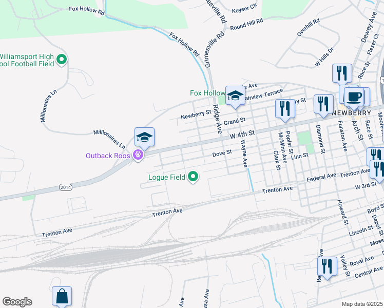 map of restaurants, bars, coffee shops, grocery stores, and more near 2701-2799 Dove Street in Williamsport