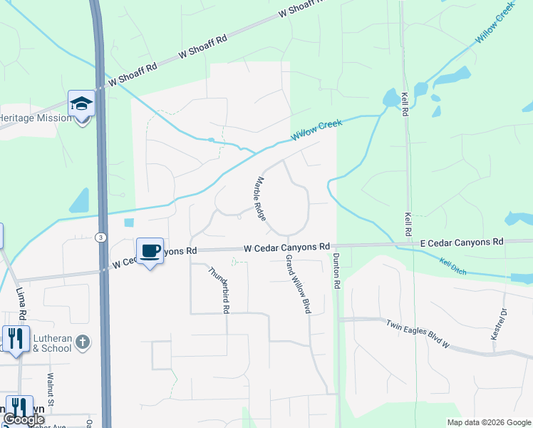 map of restaurants, bars, coffee shops, grocery stores, and more near 16415 Galena Court in Fort Wayne