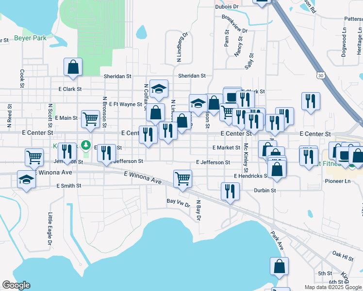 map of restaurants, bars, coffee shops, grocery stores, and more near 1912 E Market St in Warsaw