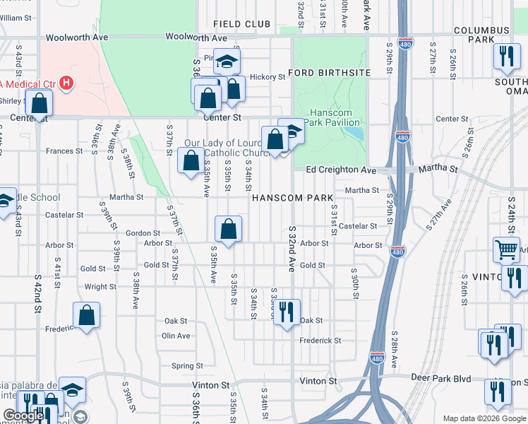 map of restaurants, bars, coffee shops, grocery stores, and more near 2337 South 34th Street in Omaha