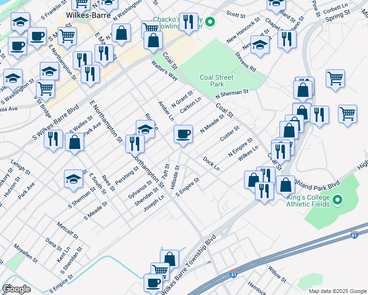 map of restaurants, bars, coffee shops, grocery stores, and more near 3 North Meade Street in Wilkes-Barre
