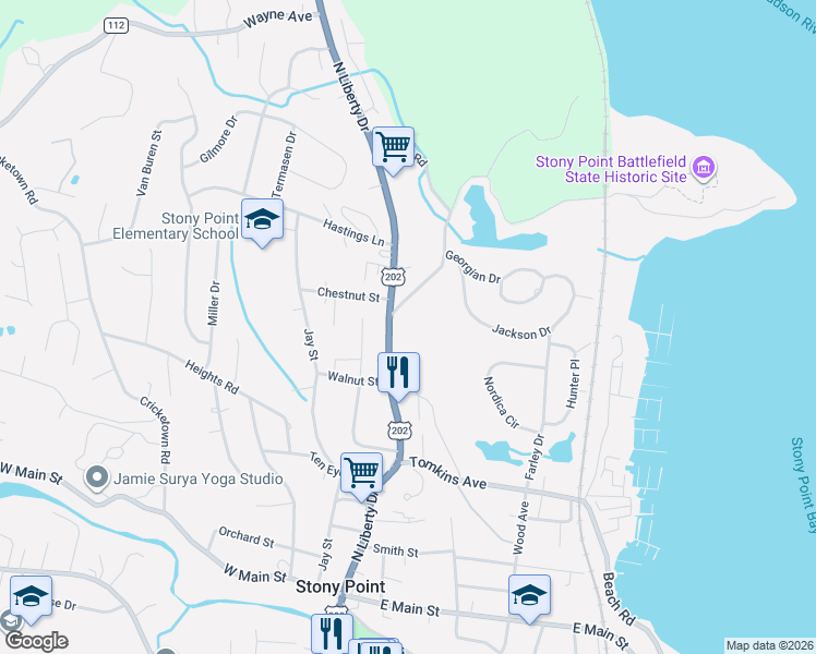 map of restaurants, bars, coffee shops, grocery stores, and more near 37 Roosevelt Place in Stony Point